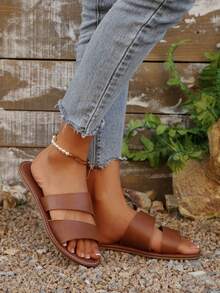 New Plus Size Women's Comfortable Simple Round Toe Strap Crisscross Flat Slip-On Sandals, Casual Fashion Outdoor Vacation Beach Summer Shoes - Brown - View 7