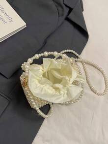 1pc Girls Pearl Drawstring Closure Cute Handbag White Beaded Crossbody Bag, Suitable For Spring/Summer - White - View 8