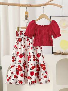 2025 Summer & Sweet Style Tween Girl Sets, Solid Color Ruffle Trim Puff Sleeve Square Neck Blouse & Ditsy Floral Mini Skirt, 2pcs