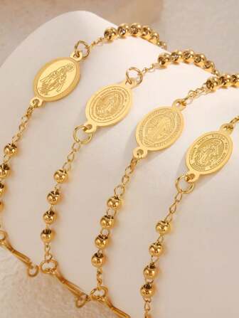 1 件玫瑰金不锈钢圣母玛利亚和玫瑰吊坠女士手链、珠宝