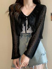 1pc Summer Lace Thin Short Cover Up, Tie Waist Hollow Out Beach Cover Up Vest To Pair With Dresses