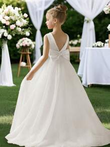 Vestido largo sin mangas con escote trasero, lazo, perlas y malla para niñas, apropiado para fiestas de cumpleaños, actuaciones y bodas