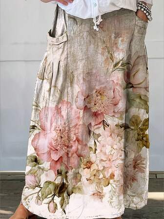 复古花卉印花中长裙带口袋 - 1 件休闲涤纶 95% 氨纶 5% 编织裙，适合所有季节