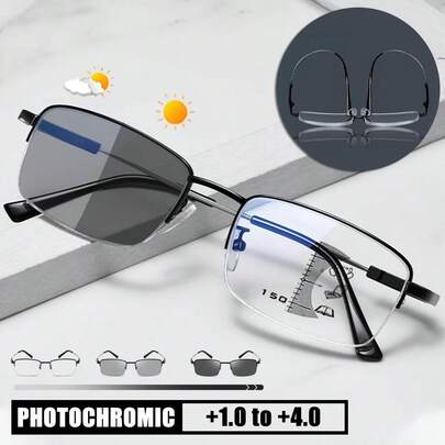 Gafas de lectura fotocromáticas 3 en 1 para hombres y mujeres, gafas graduadas multifocales con lentes de PC transparentes, montura de titanio con memoria, estilo empresarial de media montura, apropiadas para computadoras, TV, teléfonos celulares y lectura, visión clara de cerca y lejos