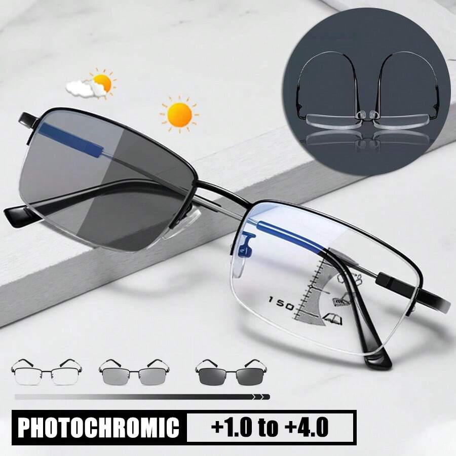 Gafas de lectura fotocromáticas 3 en 1, unisex, lentes multifocales, lentes de PC transparentes, marco de metal de titanio con memoria, estilo de negocios de media montura, adecuadas para computadora, TV, teléfono móvil, lectura y otros escenarios