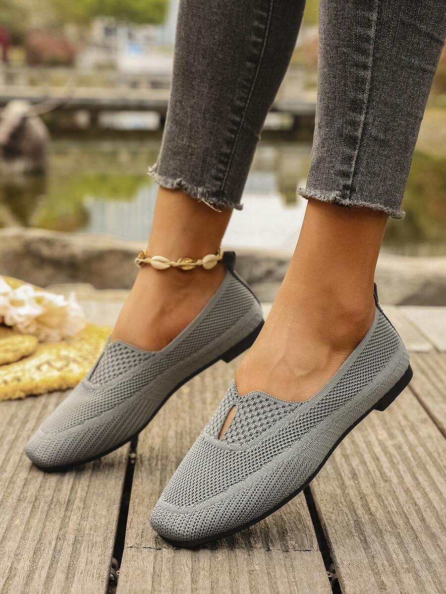 2025 New Knitted Flat Square Toe Mesh Sneakers For Women, Casual Sports Slip-On Lightweight Loafers