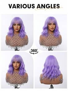 Peluca morada ondulada de 12 pulgadas con flequillo, pelucas cortas moradas de mujer, peluca sintética rizada y ondulada tipo bob para uso diario, festivales de música y moda colorida - Morado - Ver 8