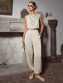 Sollinarry Ensemble 2 pièces femme, nouveau Top sans manches avec col mao et boutons métalliques décoratifs, et pantalon long à taille élastique. Tenue décontractée, convient pour les vacances et les brunchs - Abricot gris - Voir 3