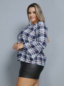 Women's Plaid Shirt Plus Size  Blouse Long Sleeve GG G1 G2 G3 - Azul novo - 查看 2