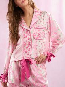 Y2k Floral Print Silk Bow Tie Pajamas For Women Set Summer 2 Piece Outfits Cute Long Sleeve Shirt Lounge Shorts Pajama Sets - 彩色 - 查看 8