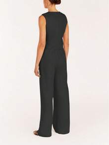 2pcs Women Deep V Neck Sleeveless Slim Fit Lightweight Fabric Vest & High Waist Wide Leg Pants Set, Linen Casual Two Pieces Outfit, Old Money Style, Lightweight And Breathable - Black - View 2