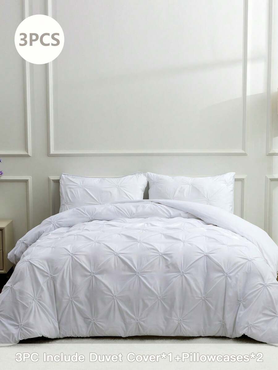 3pcs Flower Pattern Solid Color Comfortable Bedding Set, 3-Piece Luxury Microfiber Bedding Set With 2 Pillow Shams - Soft & Cozy - White - View 1