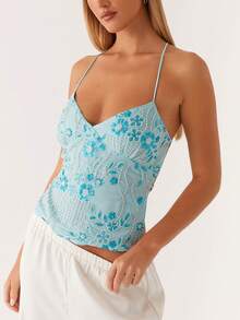 Women Sequin Sparkle Open Back Criss Cross Straps Tank Top Y2k Pearl Embellished Cami Tops Sexy Bling Glitter Rhinestone Camisole - 藍色 - 查看 2