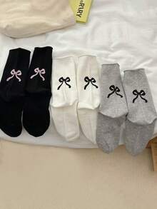 3 Pairs Women's Bow Decor Black, White, Grey Mid-Calf Socks, Collegiate Style Street Fashion, Comfortable Soft Everyday Wear - Multicolor - View 3