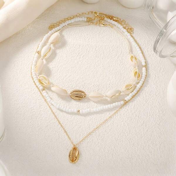 3pcs Simple And Fashionable Rice Bead Imitation Shell Necklace For Women, Suitable For Vacation, Dating, Gift Giving, And Daily Wear
