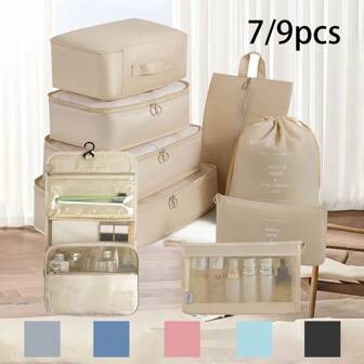 1 set di 9/7/1 pezzi di borse organizer da viaggio, con grande capacità, cerniere, borse tote portatili con ganci, pieghevoli, borse cosmetiche da viaggio, accessori da viaggio, articoli essenziali, motivo a lettere e colore tinta unita, versatili, borse per il contenimento, borse a rete, beauty case, porta scarpe, custodia per bottiglie, borse con cordoncino, borse normali, borse da viaggio, borse per biancheria intima