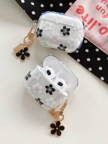 Transparent Protective Case With Black & White Floral Pattern - Detachable Black Flower Pendant - Compatible With AirPods 1/2/3/4/Pro/Pro2 - Black and White - View 7