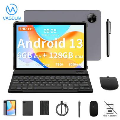 VASOUN Tableta Android de 11 pulgadas (Procesador Octa-Core T606/6GB RAM/128GB de almacenamiento/Pantalla Full HD Incell de 1920*1200/Tarjeta SIM 4G LTE/WiFi 5G 802.11ac/Bluetooth 5.0/Batería de 8000mAh/Puerto Tipo-C/Cámaras de 8MP+13MP, con funda de cuero, teclado, ratón y lápiz stylus (adaptador no incluido))