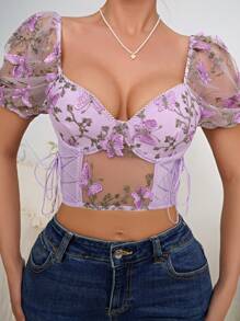 1pc Cute Butterfly Ditsy Floral Puff Sleeve Drawstring Tie Crop Top Corselet For Women