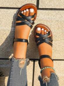 女士平底厚底交叉可调节带纯色凉鞋，百搭宽松休闲舒适轻便简约优雅沙滩鞋 - 黑色 - 查看 4