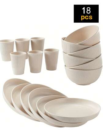 18pcs Reusable Plastic Tableware Set - Durable Plates, Bowls And Cups, Microwave And Dishwasher Friendly, Ideal For Camping, RVs, Picnics, Kitchen And Dorms