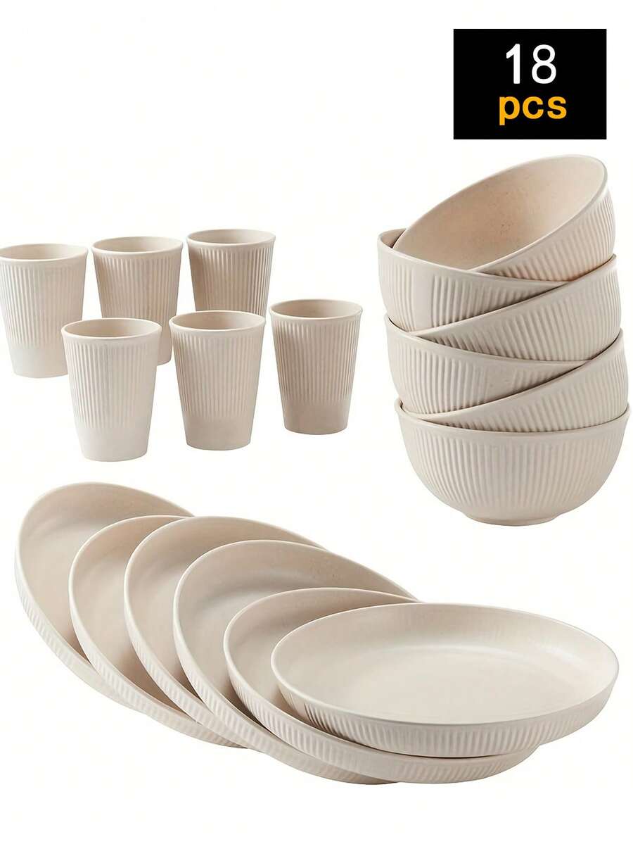 18pcs Reusable Plastic Tableware Set - Durable Plates, Bowls And Cups, Microwave And Dishwasher Friendly, Ideal For Camping, RVs, Picnics, Kitchen And Dorms - Multicolor - View 1