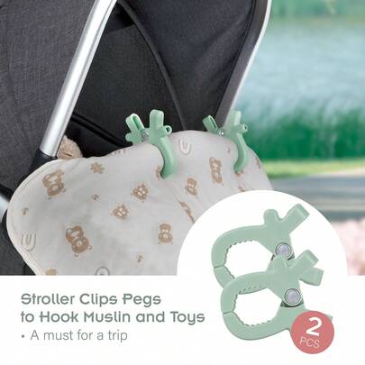 2 piezas Clips lindos de color verde para cochecito, ganchos multiusos para mantas y juguetes para cochecito de bebé, accesorios de viaje prácticos para carriola, cuna, carrito, para uso en todas las estaciones