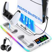 Game Stand For PS 5 Console, Playstation PS 5 Slim Pro Support Base Holder With Cooler Fan, RGB Gaming Accessories Including Controller, Headphone And Charger