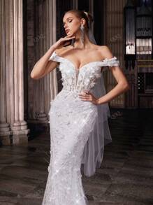 QOQ Vestido de novia romántico de alta gama para bodas de verano, vestido formal de mujer para bodas dulces, fiestas de moda, bodas al aire libre. Vestido de novia blanco con hombros descubiertos y sin tirantes con encaje