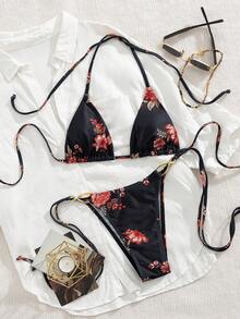 Random Floral Print Sexy Bikini Swimwear, 2 Pieces Swimwear For Beach & Holiday, Summer - Black - View 2