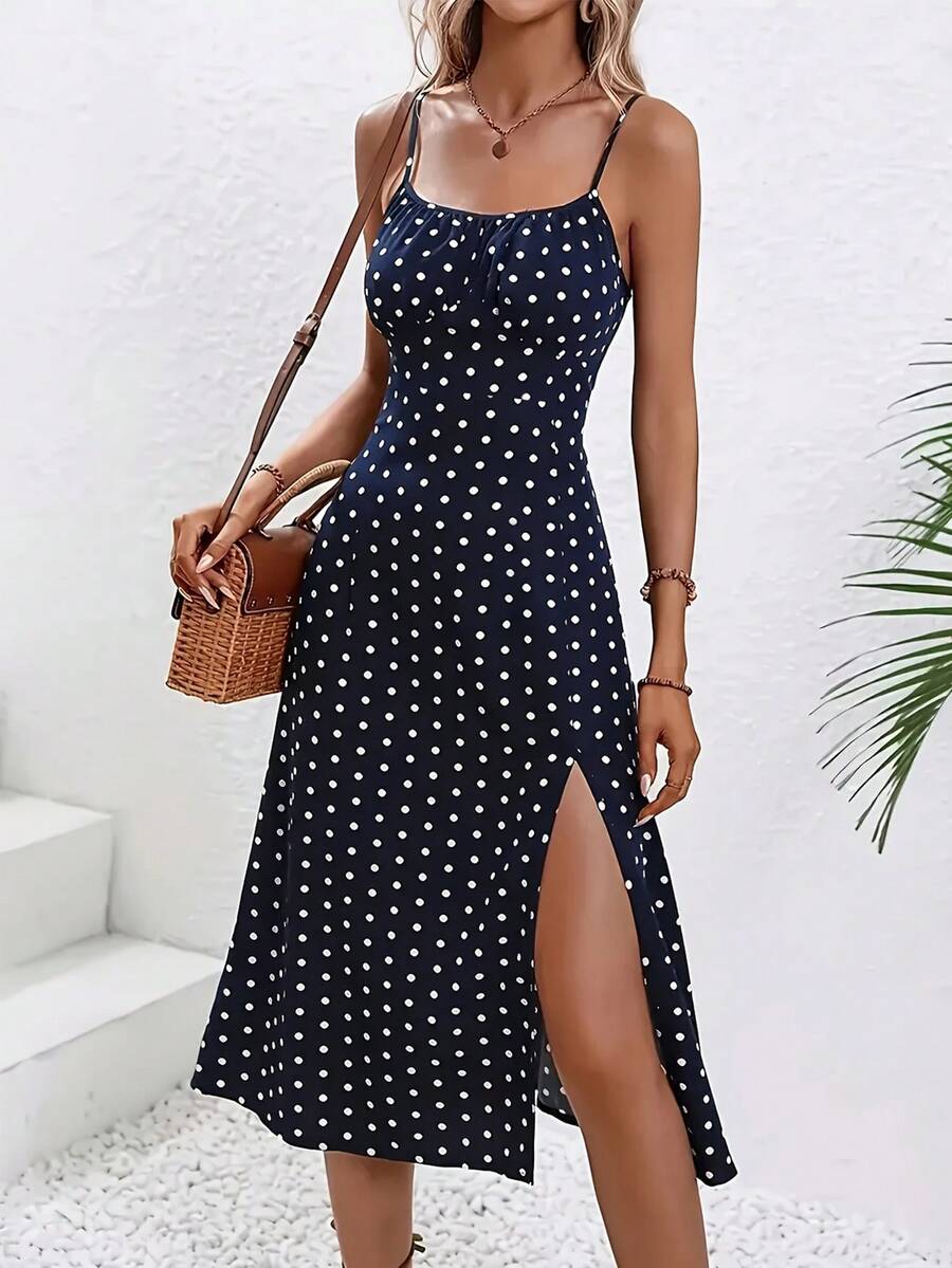Women's Casual Elegant Polka Dot Sleeveless Mid-Length Dress, Spaghetti Straps, Pleated Bust And Slit Hem