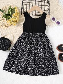 Girls' Casual Simple Ribbed Ditsy Floral Camisole Dress, Spring/Summer - Black - View 1