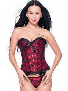 Bowknot Women Overbust Corset Lace Up Bustier Top Retro Burlesque Basque Halloween Costume Cosplay Body Shaper Shapewear Lingerie Waist Cincher Floral Printed Plus Size Boned - Dark Red - View 5