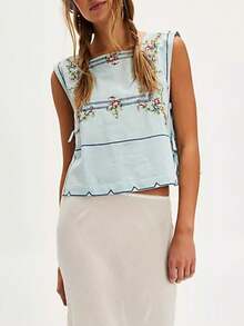 Women's Side Tie Up Vest Vintage Floral Embroidered Tank Tops Y2k Boho Graphic Sleeveless Square Neck Lace Up Shirt Crop Tops Summer Loose Fit Cute Flower Going Out Tops Beach Vacation Streetwear - 藍色 - 查看 4