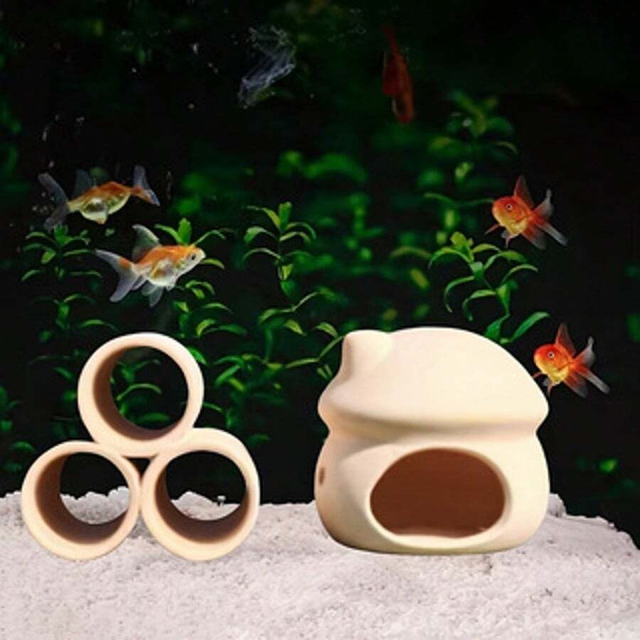 水族箱装饰套装：蘑菇屋、拱门、三通连接器、鱼虾养殖迷你花盆、产卵陶土装饰物