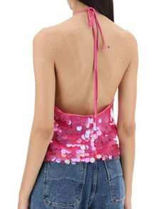 Women Summer Sleeveless Halter Neck Sequins Cami Crop Tops - 玫紅色 - 查看 4