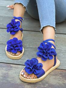 女士海滩度假波西米亚风 PU 皮革贴花加大码平底凉鞋，适合夏季户外海滩派对，花卉系带时尚凉鞋 - 寶藍色 - 查看 6