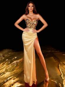 Women Glitter Patchwork Satin Party Dress With Padded Bust And Back Strap, Wedding Guest Dress, Formal Dress, Evening Dress,Gown - Gold - View 6