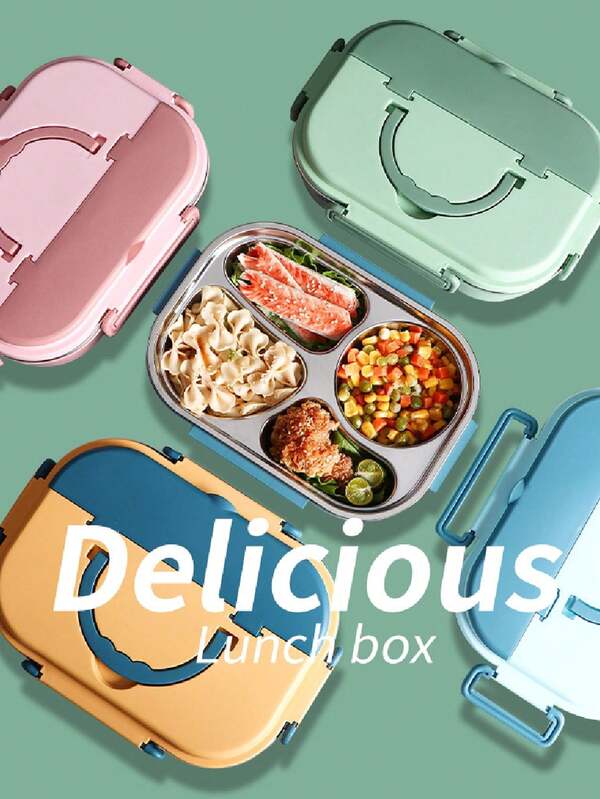 1 طقم صندوق غداء بنتو معزول من الفولاذ المقاوم للصدأ 304 ب- 4 حجرات مع مقبض، يشمل ملعقة وأعواد طعام من الفولاذ المقاوم للصدأ وحوض حراري واحد، آمن للميكروويف، حاوية وجبة محكمة الإغلاق، مناسبة للأطفال