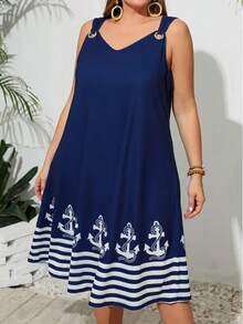Plus Size Women's Anchor Print V-Neck Metal Loop Slip Dress - Sleeveless Summer Vacation Romper, Navy With White Striped Casual Summer Outfit