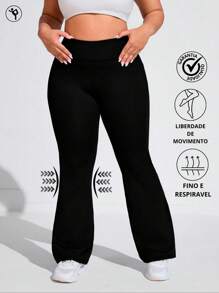 Calça Flare Bailarina Plus Size Tecido Grosso Cós Alto Em Suplex Poliéster Conforto Com Wolfox SHEIN Moda Fitnes