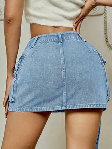 Y2K Street Vintage Washed Flap Pocket With Tape Cargo Denim Bodycon Mini Skirt - 藍白色 - 查看 2