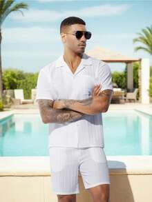 Conjuntos de Hombre Sencillo y Moda Camisa y Pantalón Corto, Ropa de Playa Hombre Casual de Manga Corta y Pantalones Cortos con Rayas Onduladas - Blanco - Ver 6