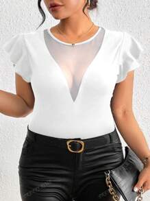 Women Plus Size V-Neck Mesh Elegant High-Stretch Solid Color Patchwork Ruffle Sleeve T-Shirt, Cap Sleeve Tops For Spring/Summer, Concert Outfit Women Rave Outfits Festival