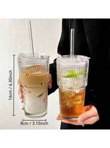 1pc,Coffee Cup, Ins Style Vertical Striped Glass Straw Cup, Highly Attractive Milk Cup, Household Beverage Water Cup, Beer Cup, Whiskey Glass