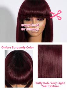 Ombre Wine Red Straight Bobbed Wig, Breathable Bangs, Full Hand-Woven No Lace Real Human Hair, Suitable For All Women, Wine Red Ends With Black Roots - S1/99J - View 6