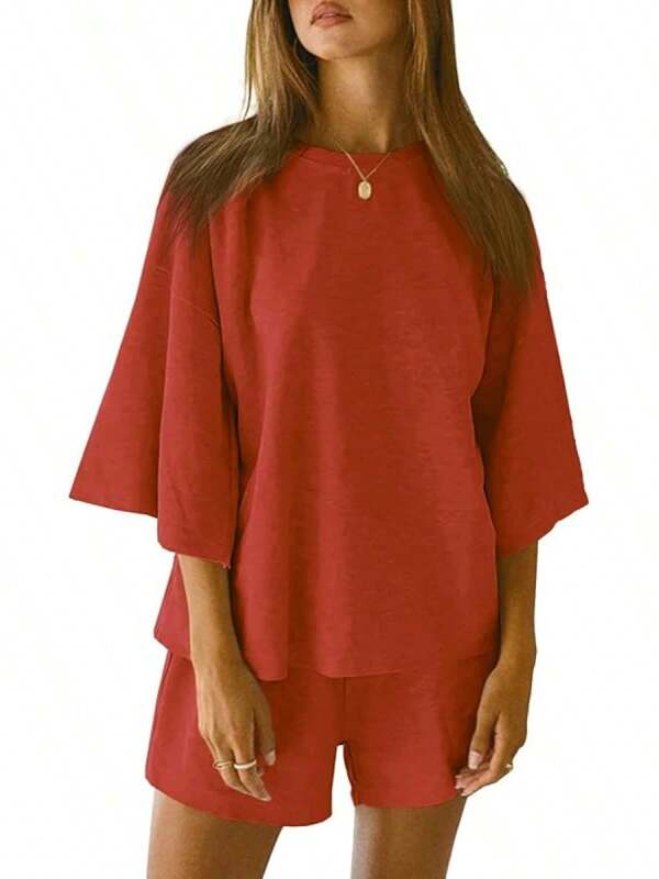 Tankaneo Womens Pajama Sets 3\/4 Sleeve Oversized Tops And Elastic Waist Shorts Lounge Sets Loungewear