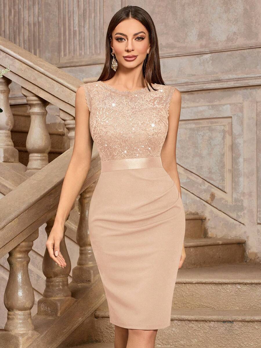 MIUSOL 经典亮片花卉蕾丝圆领无袖鸡尾酒会修身连衣裙，优雅女士连衣裙