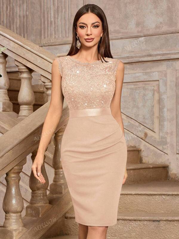 MIUSOL Classic Sequin Floral Lace Round Neck Sleeveless Cocktail Party Fitted Dress