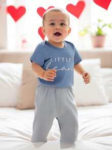 Baby Summer Outfits Short Sleeve Round Neck Letter Romper With Solid Color Pants And Hat 3 Pcs Set - Blue - View 1